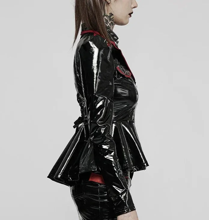 Black/Red Patent Leather Peplum Jacket