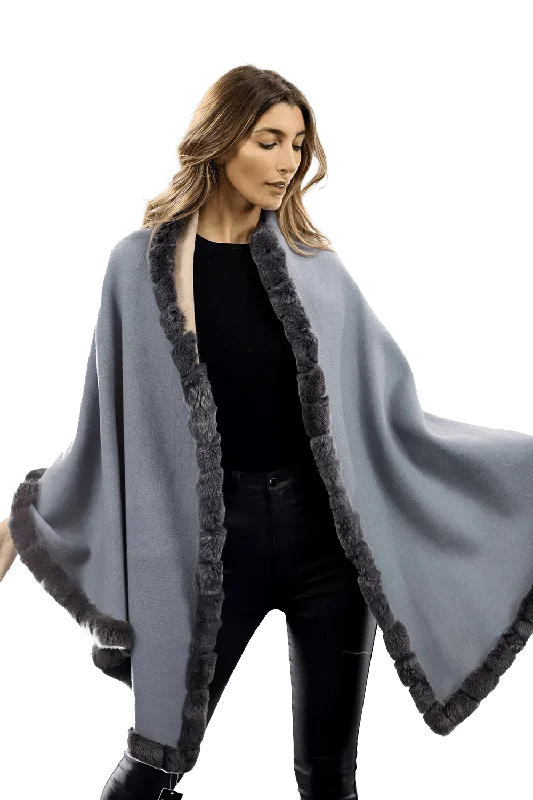 Knitted Wrap with Rex Rabbit Fur Trim - Blue/Blush