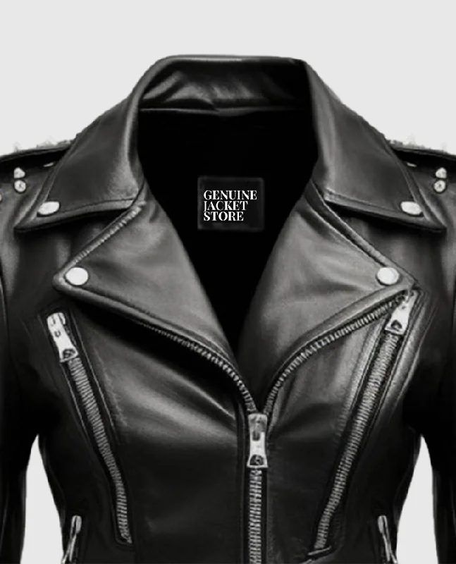 Women's Stud Biker Black Leather Jacket