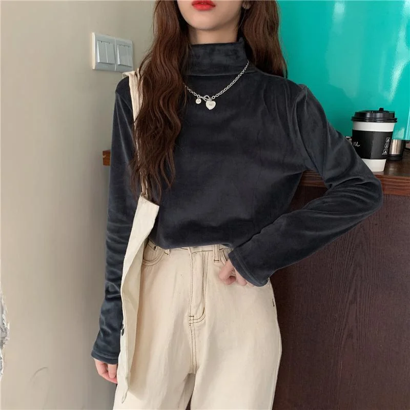 Women's Causal Pure Color High Collar Velet Sweatshirts