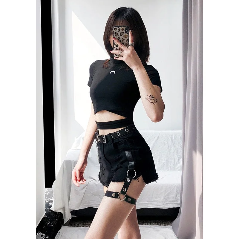 High waist leg ring denim shorts yv42166