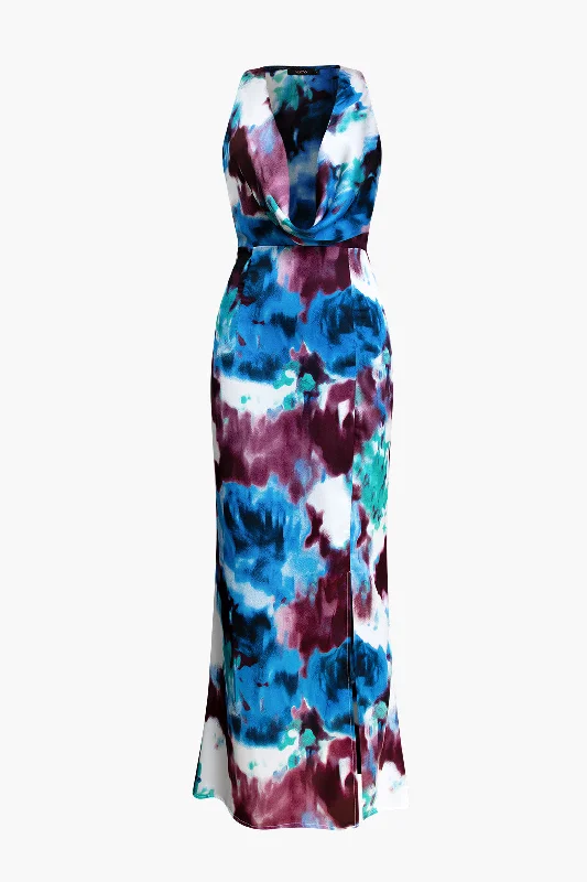 Tie Dye Cowl Neck Slit Maxi Dress